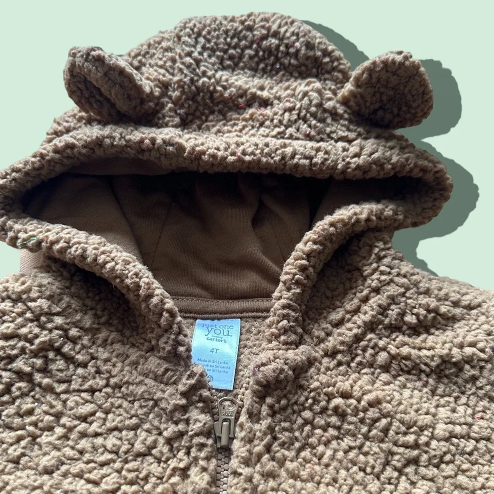 Toddler Carters Brown Zip Up Fleece Hoodie Jacket Teddy Bear Like Ears Size 4T